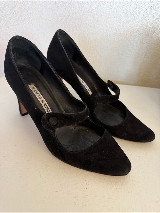 Manolo Blahnik Shoes - Manolo Blahnik Black Suede Mary Jane Pumps with Button Strap